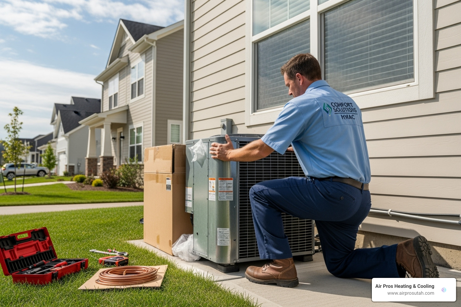 professional technician installing the outdoor condenser unit - cost of installing heat pump