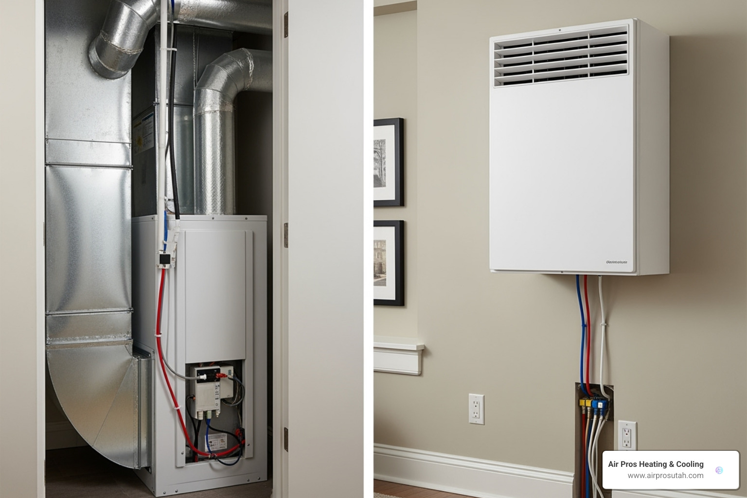 side-by-side comparison of a ducted indoor unit and a wall-mounted ductless mini-split unit - cost of installing heat pump