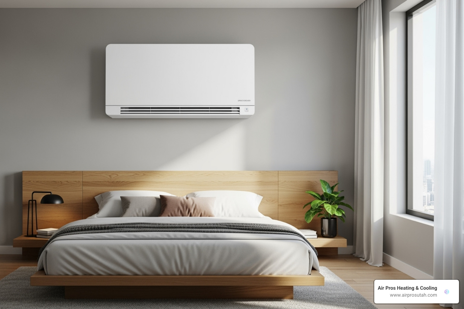 a sleek, wall-mounted ductless mini-split unit in a modern bedroom - home air conditioner
