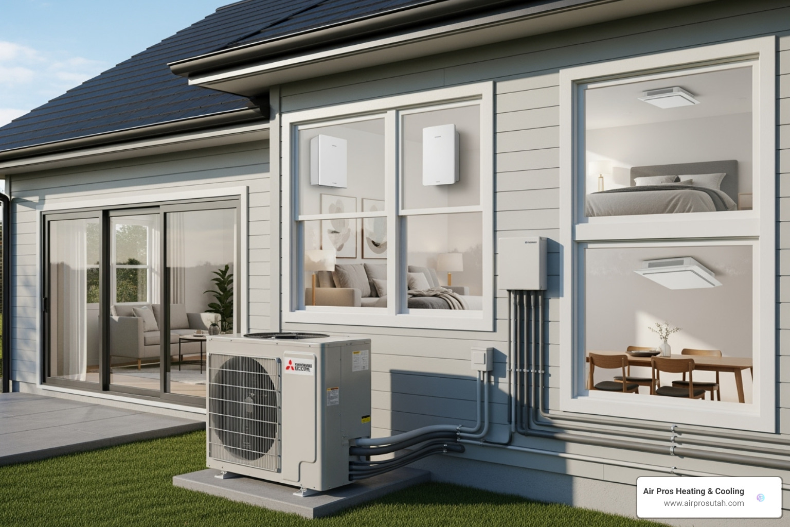Image of an outdoor condenser unit connected to multiple indoor units in different rooms - cost of installing mini split heat pump