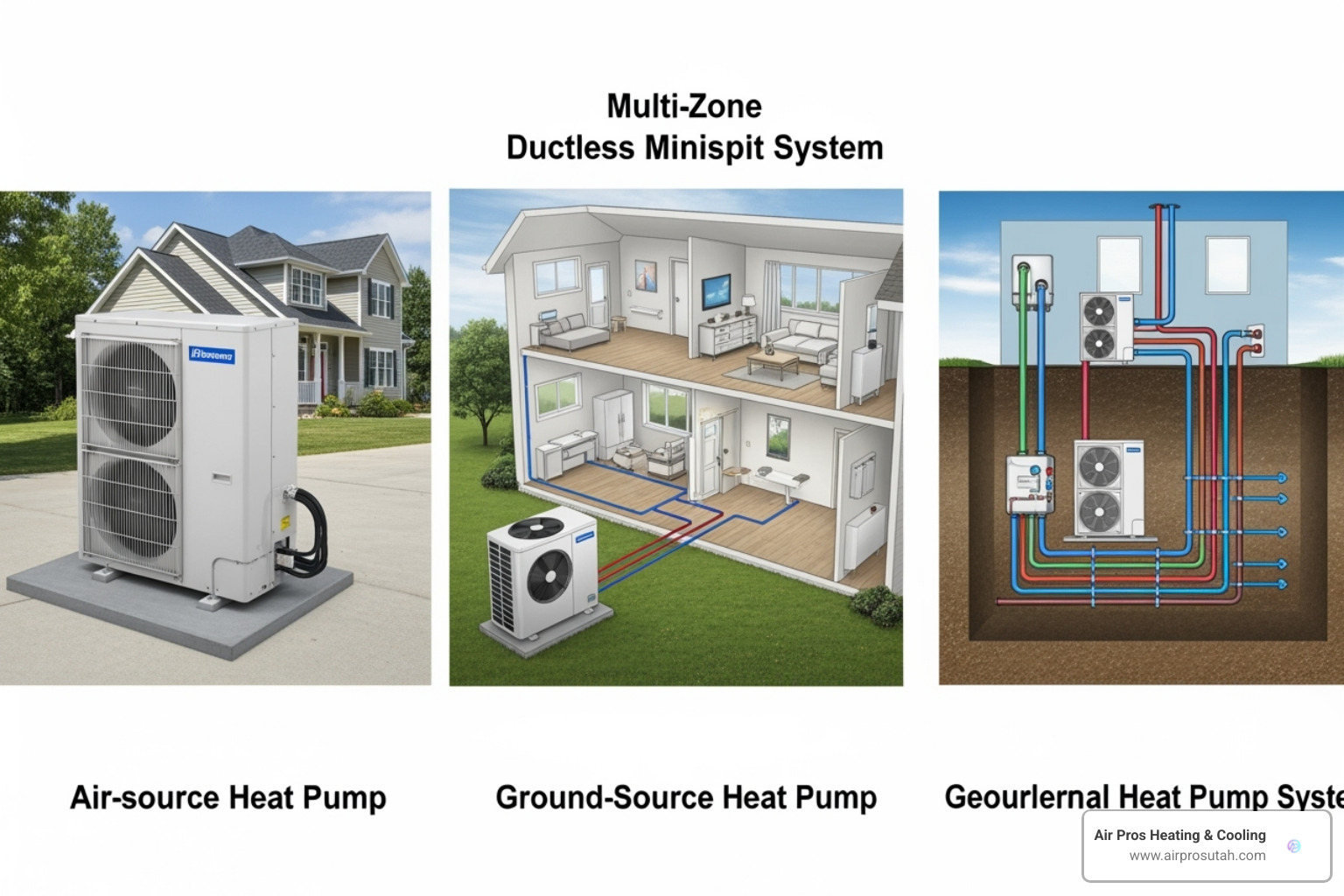 A side-by-side comparison of three heat pump types: an air-source heat pump (outdoor unit), a multi-zone ductless mini-split system (outdoor unit connected to multiple indoor wall units), and a geothermal heat pump (showing underground loops). - cost of replacing a heat pump