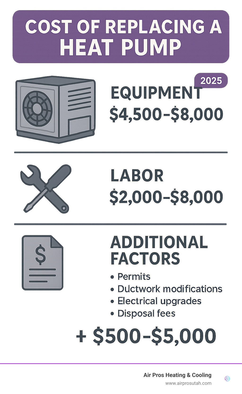 Detailed breakdown of heat pump replacement cost components showing equipment costs ranging from $4,500-$8,000, labor costs from $2,000-$8,000, and additional factors like permits, ductwork modifications, electrical upgrades, and disposal fees that can add $500-$5,000 to the total project cost - cost of replacing a heat pump infographic 