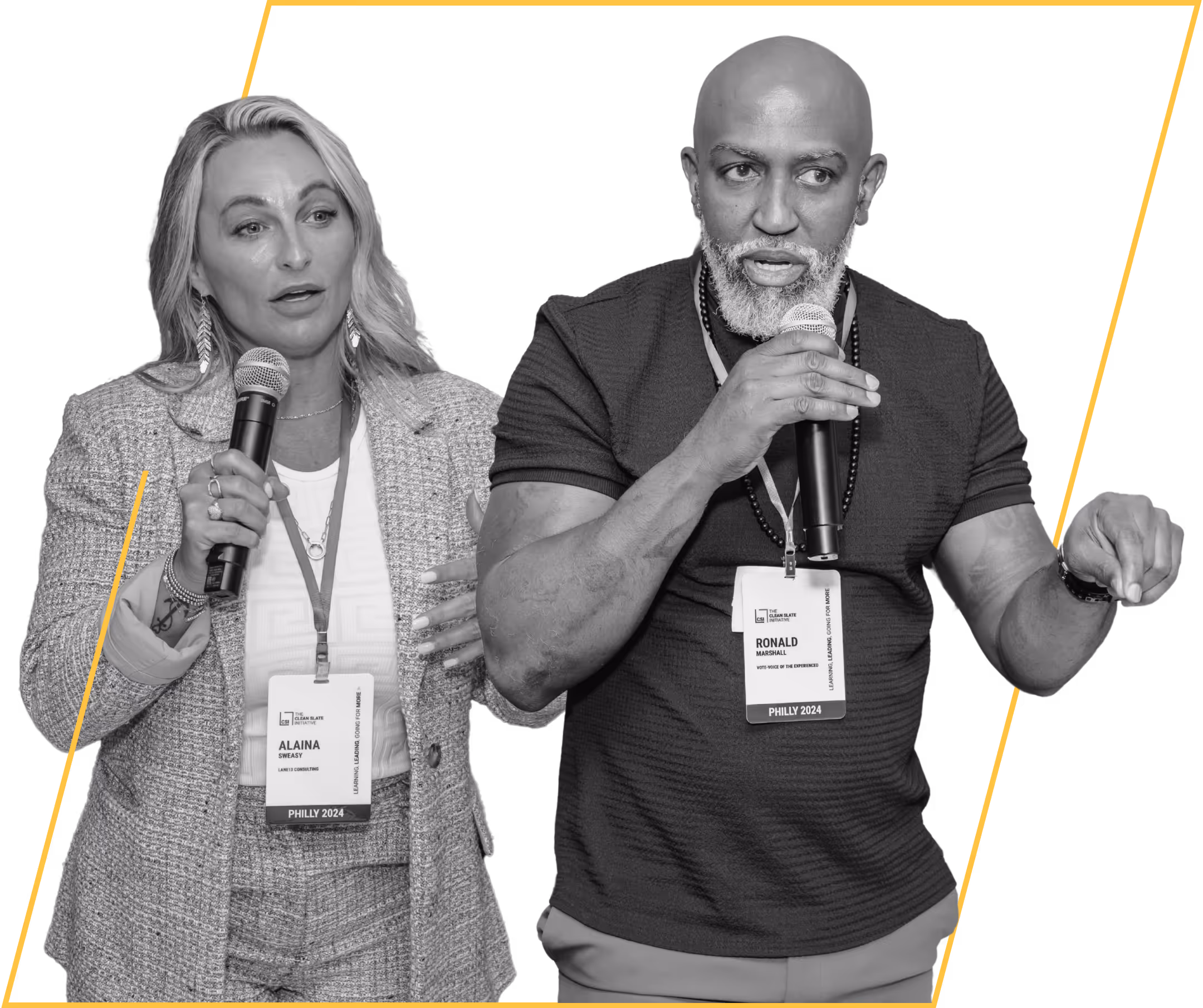 A man and a woman speak into microphones.