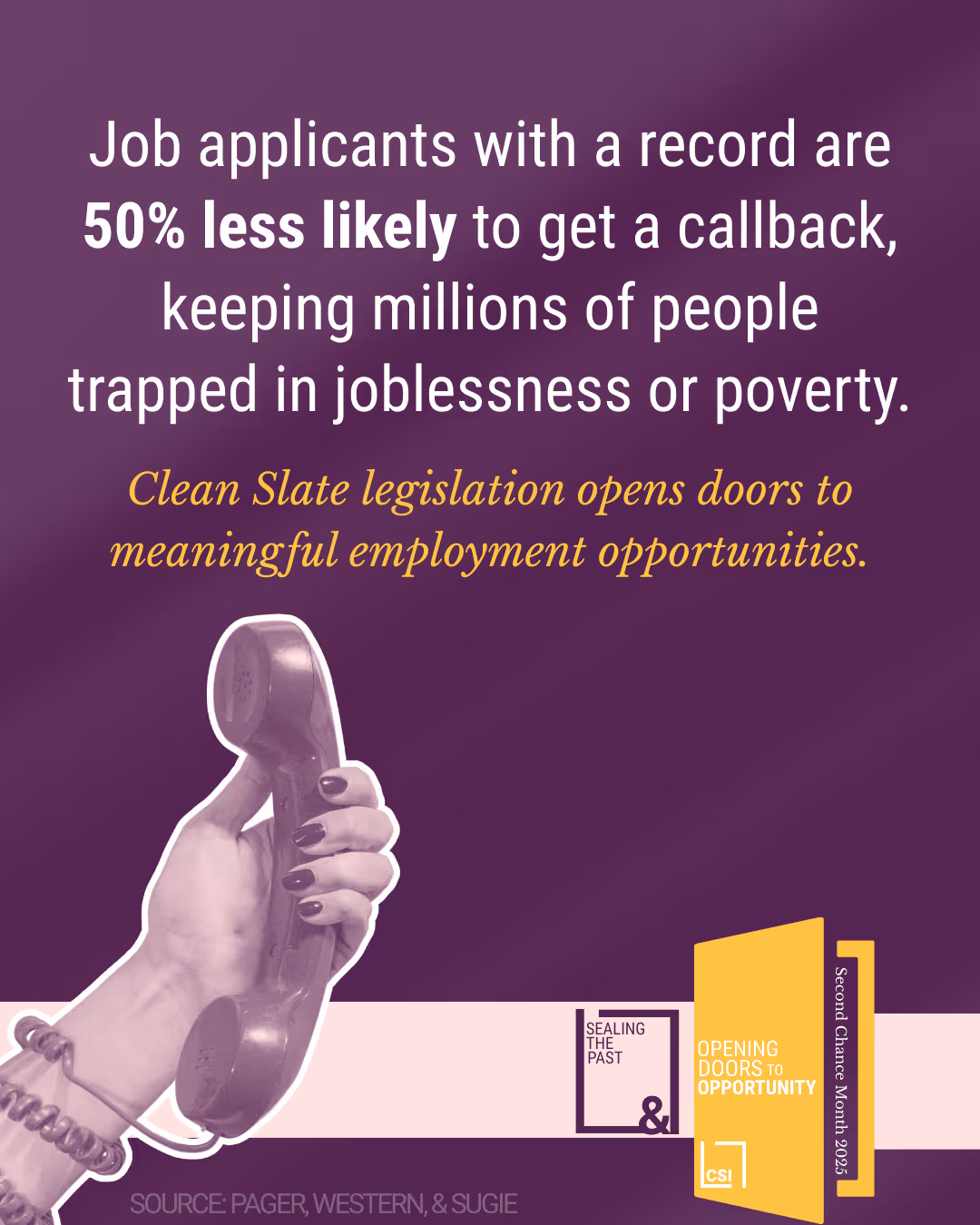 A person holding a phone with a sign that says "clean slate legislation opens doors to meaningful employment opportunities".