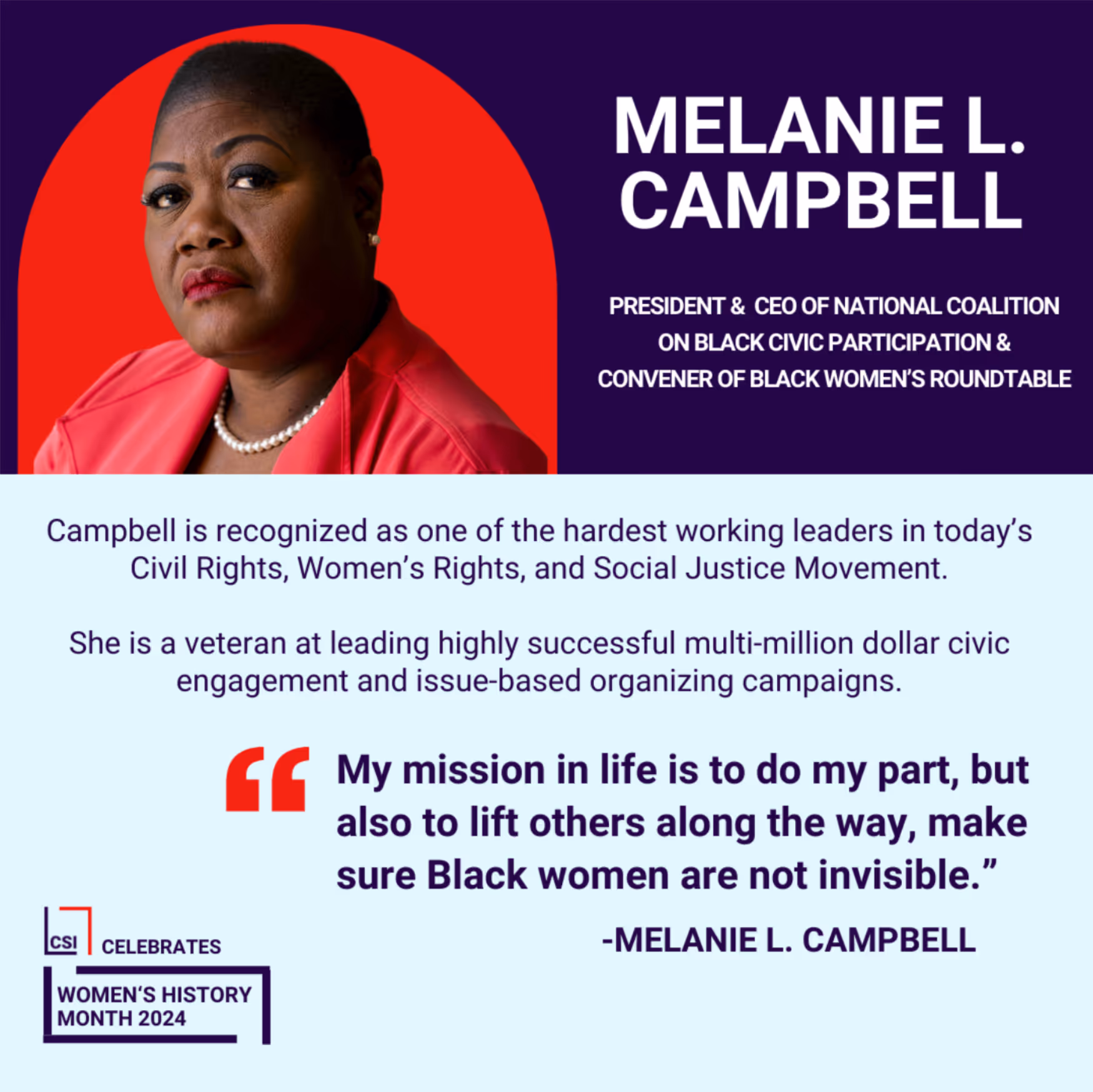 A woman named Melanie L. Campbell is featured in a poster.