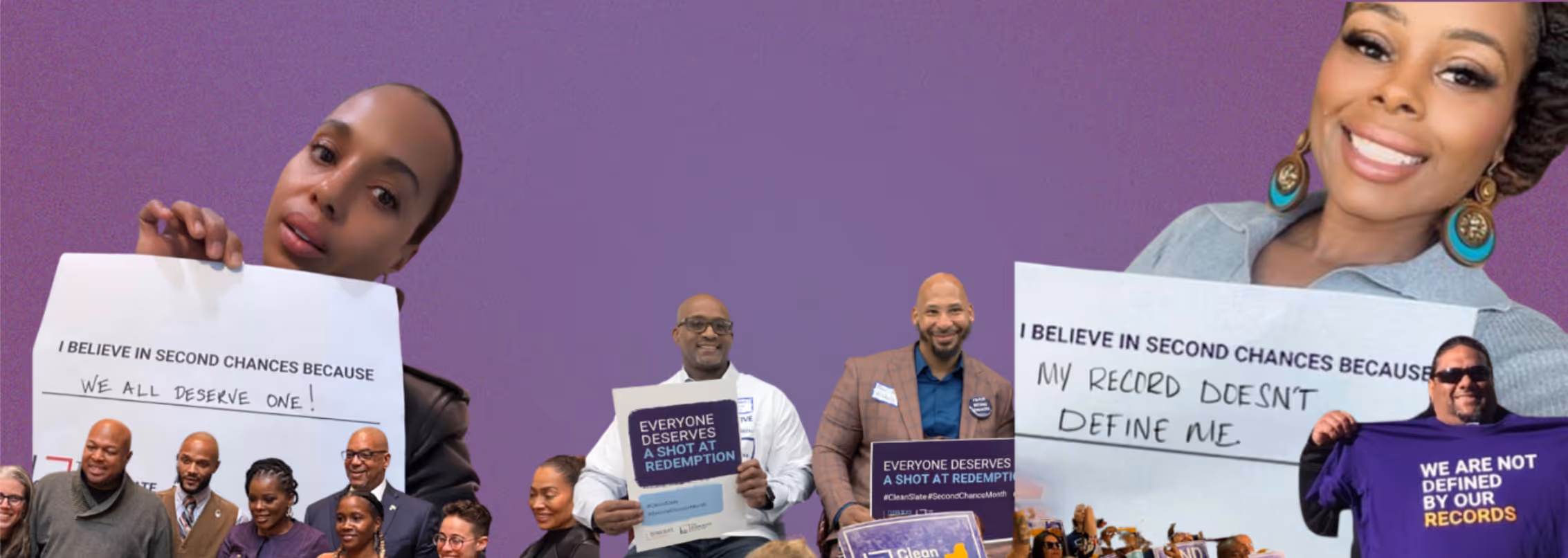 A group of people holding signs that say "I believe in education".