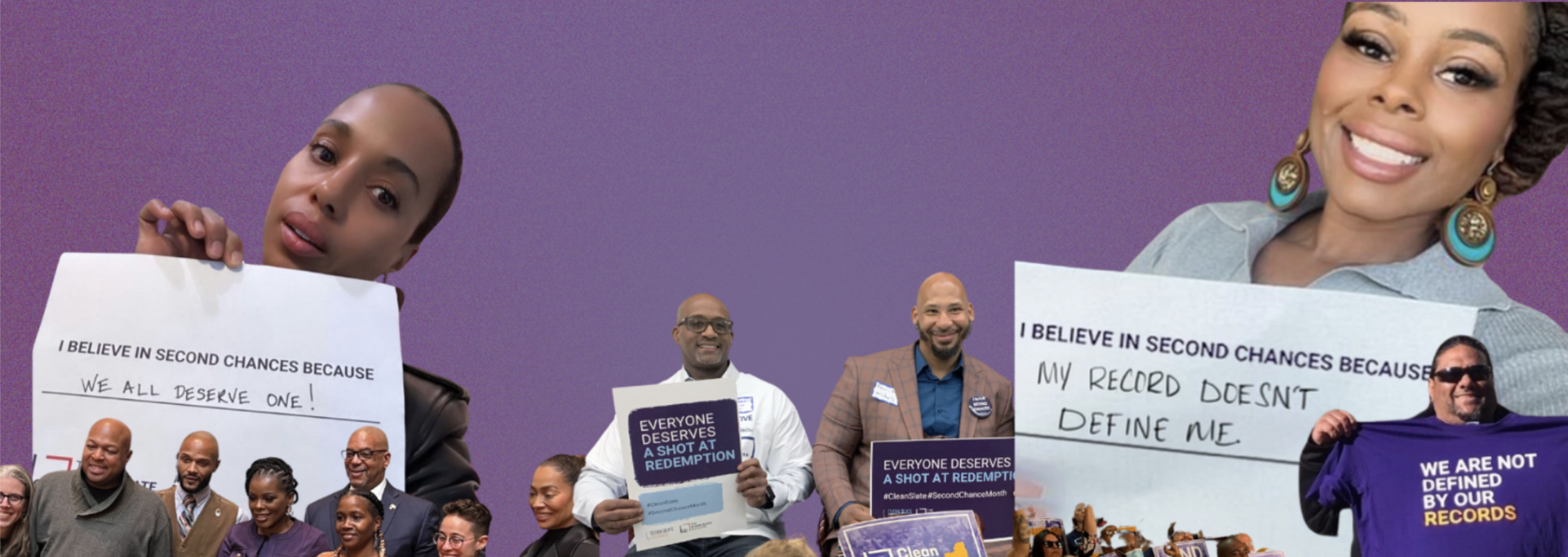 A group of people holding signs that say "I believe in education".