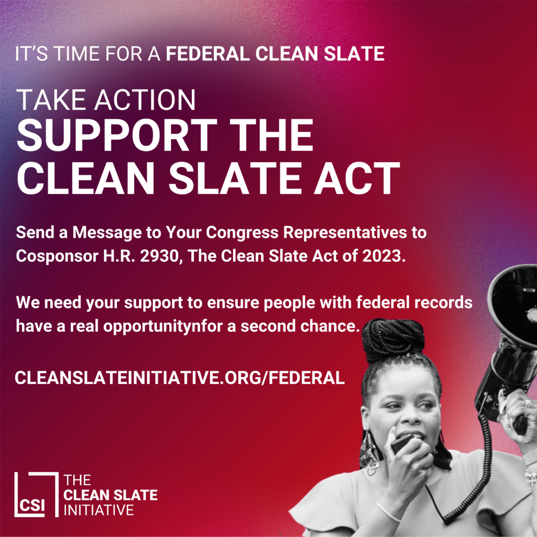 A woman with a microphone is shown on a red background with the words "It's time for a federal clean slate" written above her.