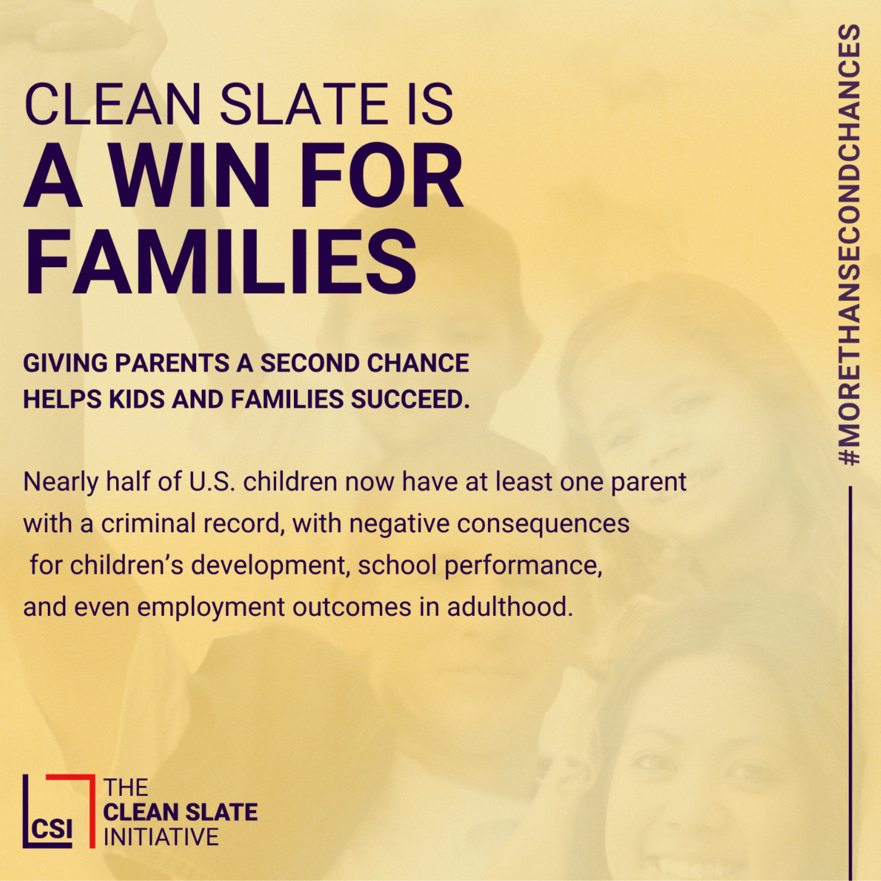 A yellow background with a picture of a woman and the words "clean slate is a win for families".