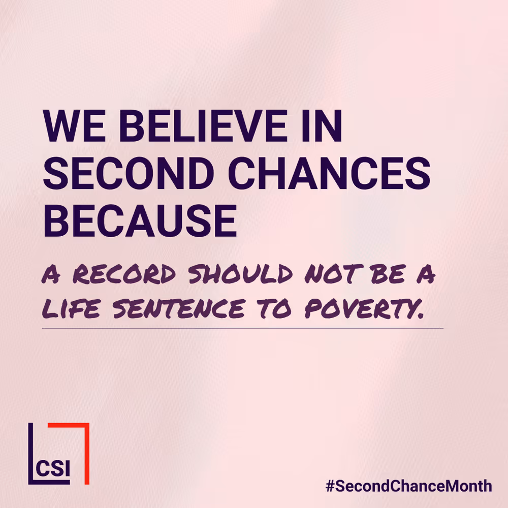 A pink background with white text that says "We believe in second chances because a record should not be a life sentence to poverty.".