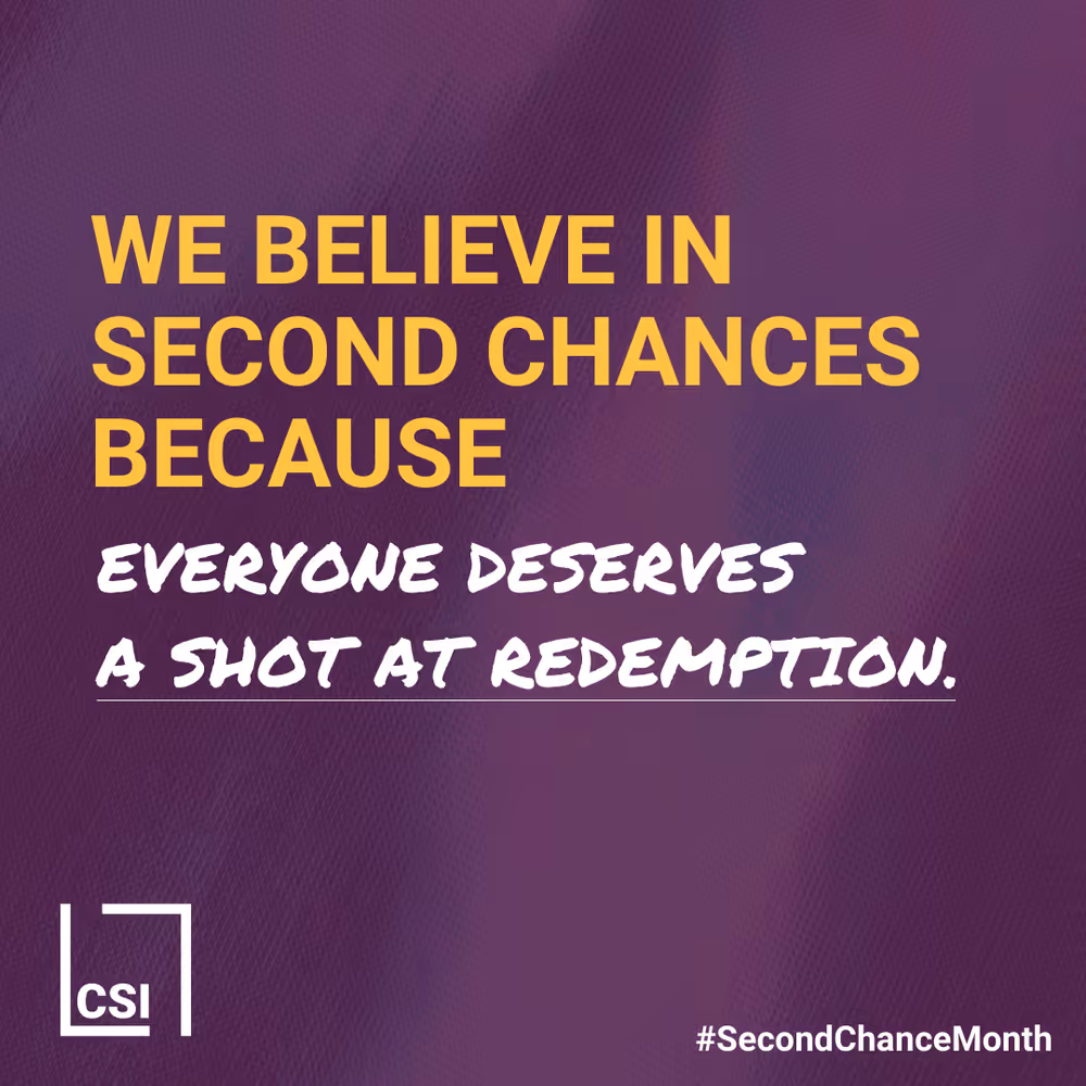 A purple background with the words "We believe in second chances because everyone deserves a shot at redemption.".