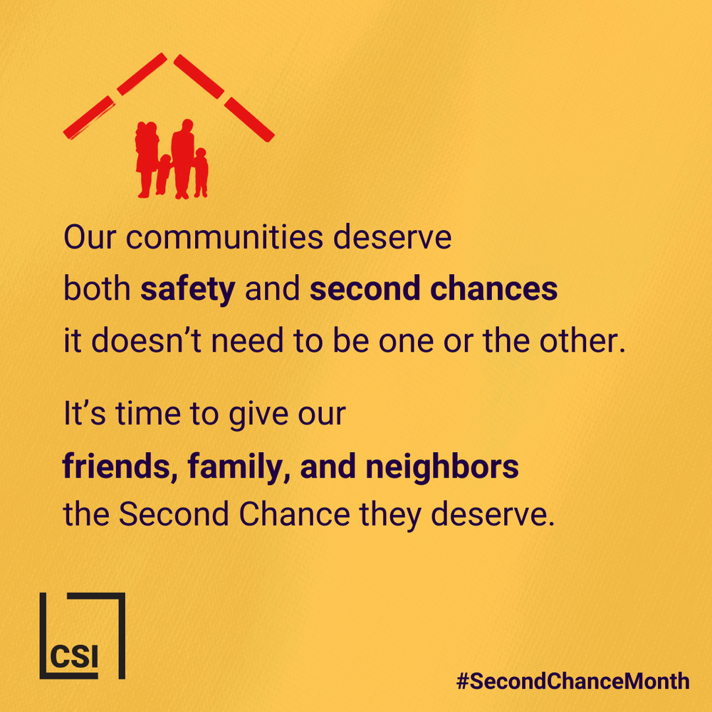 A yellow background with the words "Our Communities Deserve Both Safety and Second Chances" written in black.