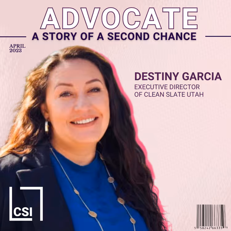 A woman smiling for a picture with the words "Advocate" written above her.