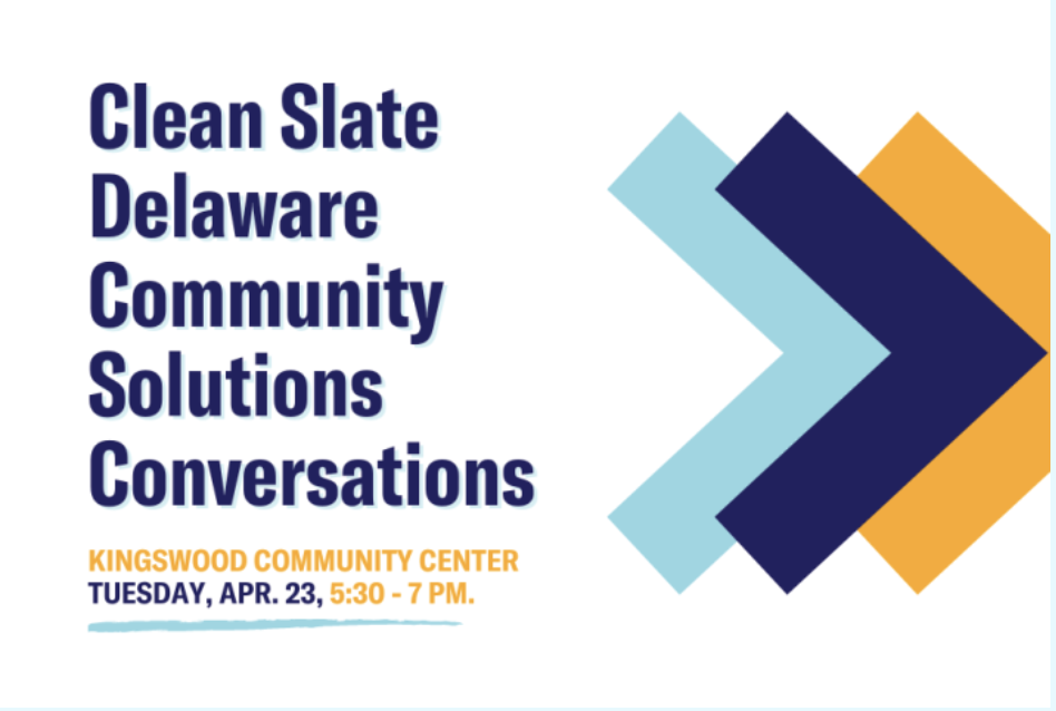 A blue and white sign advertising a community conversation event.