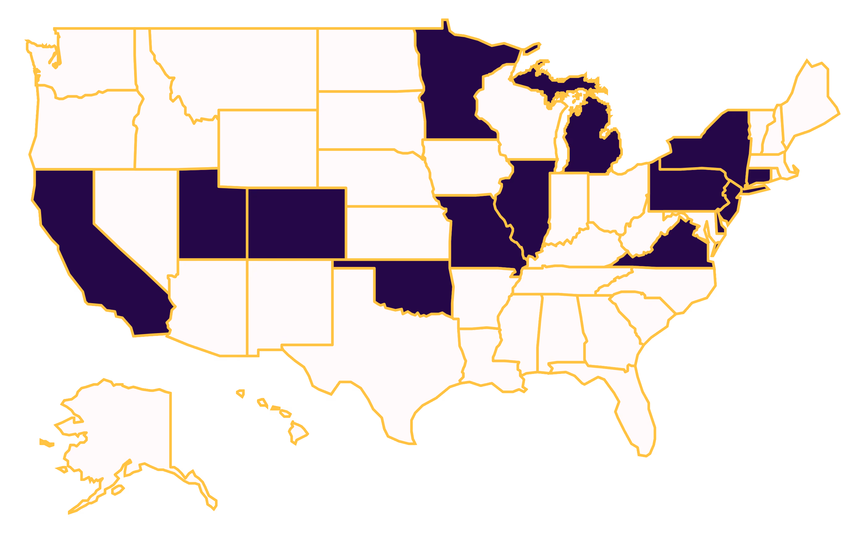A map of the United States, where Clean Slate Implementation States are highlighted in a dark violet, and the rest of the states are white.