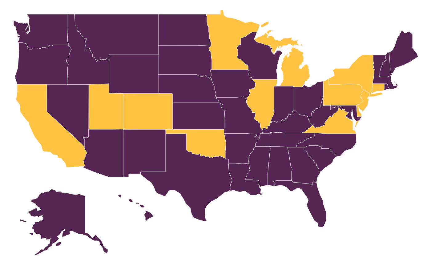 A map of the United States where the 13 states, plus Washington D.C., that have passed Clean Slate laws are highlighted in yellow. 