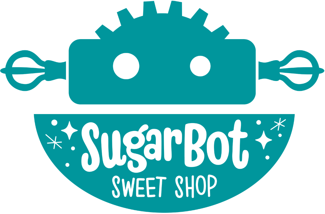 Sugar Bot Sweet Shop Logo: A blue robot made of baking supplies with the company's name in the bottom half