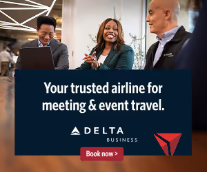 A promo graphic from Delta Airlines that has an image of three business people sitting together at a table in the background, and a navy box that says "Your trusted airline for meeting & event travel." with the Delta Business logo beneath, and a button that says "Book Now"