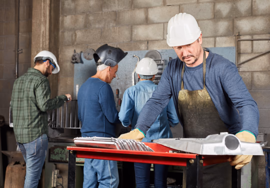 A group of people working together in a metal fabrication shop