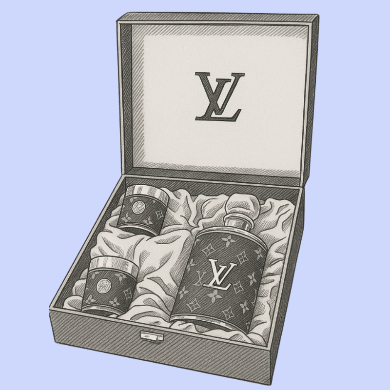 Szkic luksusowego zestawu perfum Louis Vuitton w skórzanych etui z monogramem LV – w otwartym pudełku.