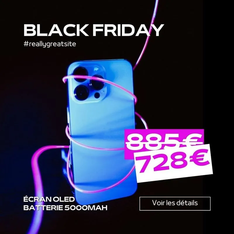 Modèle Canva gratuit pour promotion Black Friday, design moderne pour un produit high-tech