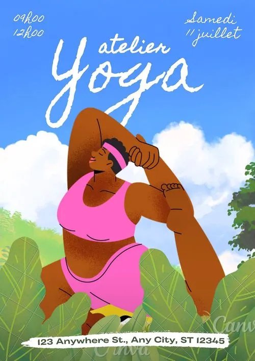 Modèle Canva gratuit pour affiche d’atelier de yoga, design coloré avec illustration d’une personne faisant du yoga