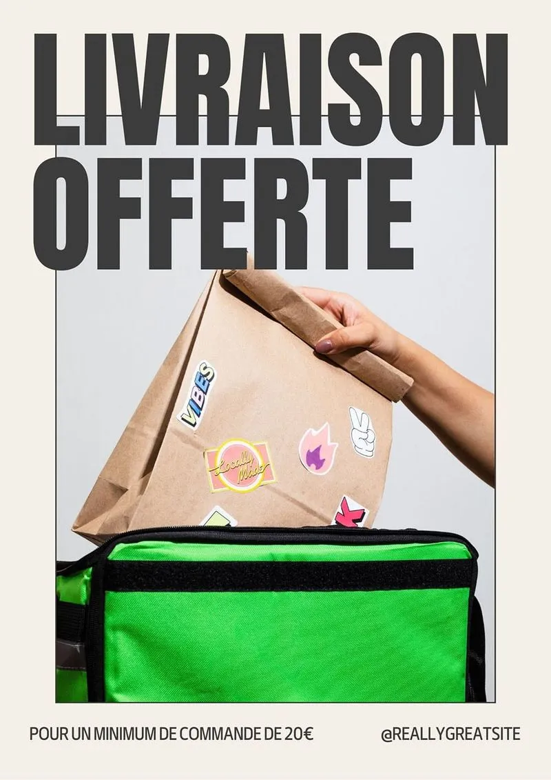 Modèle Canva gratuit pour flyer promotionnel, design minimaliste pour entreprise de livraison