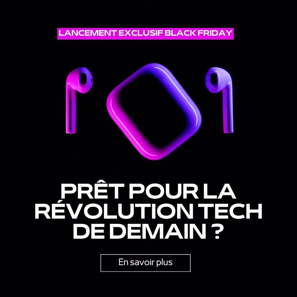 Modèle Canva gratuit pour promotion Black Friday, design futuriste pour lancement de produit high-tech