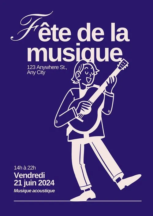 Modèle Canva gratuit pour affiche d’événement culturel, style simple avec illustration d’un guitariste