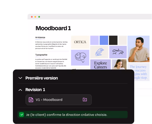 Interface montrant un moodboard avec des éléments graphiques, un aperçu de la typographie et des couleurs, et une section de validation client confirmant la direction créative choisie.