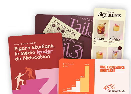 Collage de brochures et cartes, incluant une brochure Figaro Étudiant avec un graphique de croissance rentable et une carte de cocktails signatures.