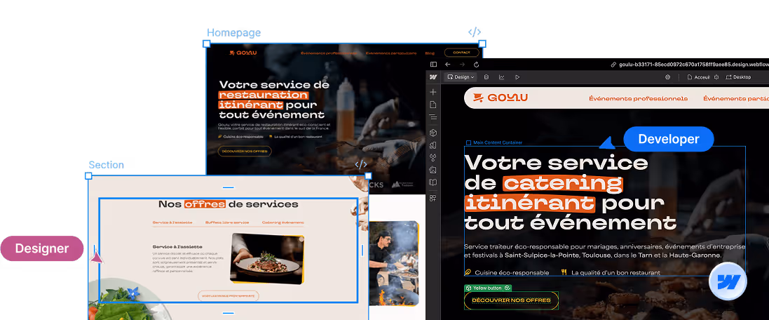 Illustration montrant un designer travaillant sur une section de site web et un développeur affichant la page d'accueil d'un service de restauration itinérante pour événements.