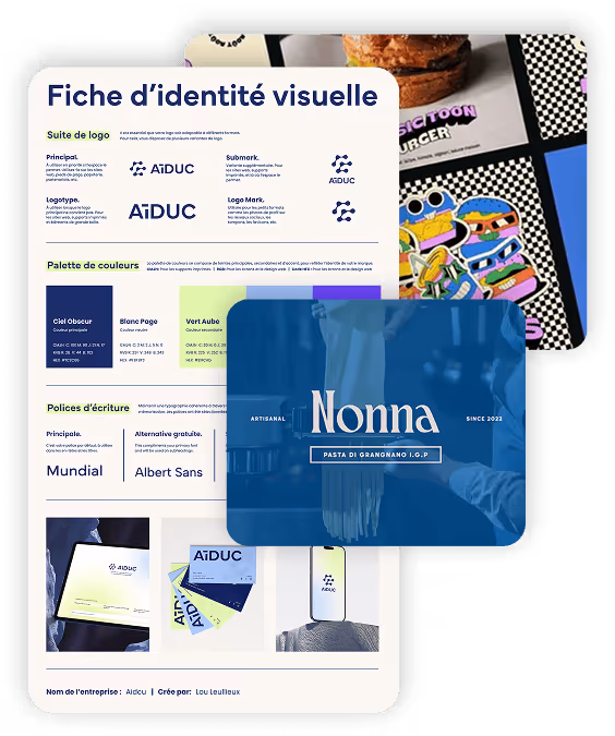 Exemple de fiche d’identité visuelle avec logo, palette de couleurs, polices d’écriture, et déclinaisons visuelles pour une marque