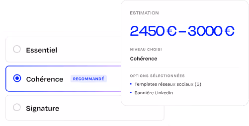 Interface de simulation de tarif avec options sélectionnées : Templates réseaux sociaux et Bannière LinkedIn.