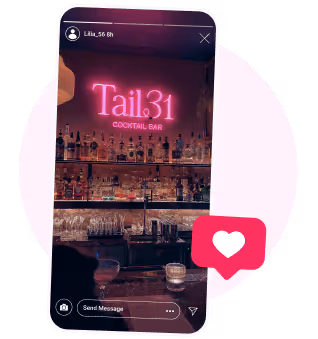 Story Instagram du Tail 31 dans un bar à cocktail avec notification coeur.
