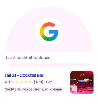 Aperçu Google du Tail 31 avec note, recherche locale et photo de cocktail.