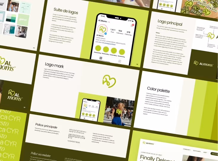 Présentation d’identité visuelle avec logos, couleurs, typographies et règles de marque.