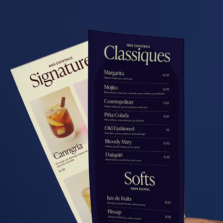 Carte des cocktails avec sections Signatures et Classiques et leurs prix, plus boissons sans alcool.