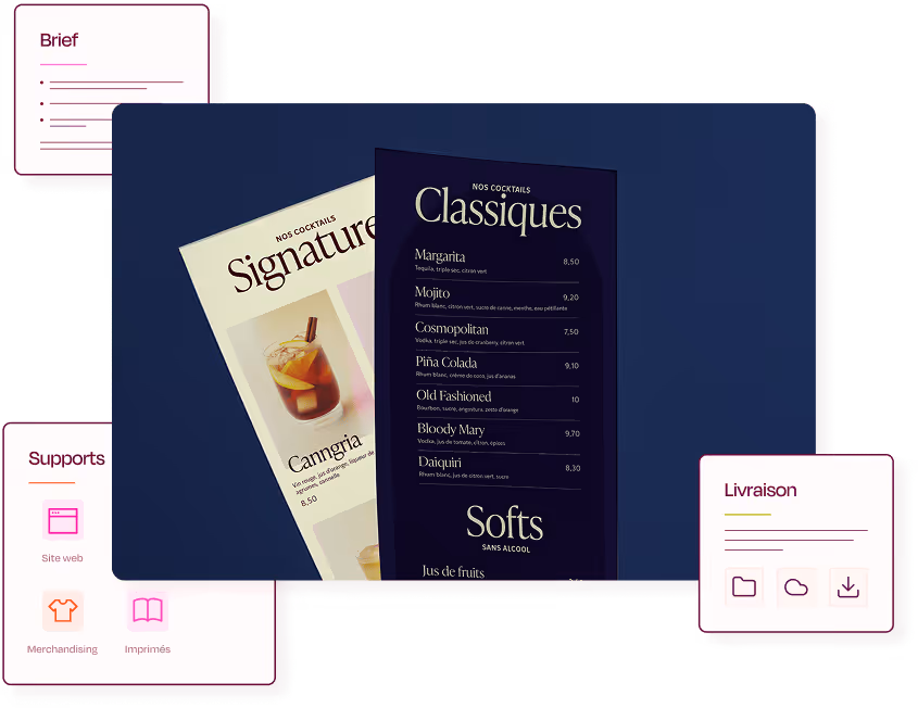 Menu de cocktails avec sections Signature, Classiques, Softs, entouré d'éléments de brief, supports et livraison.