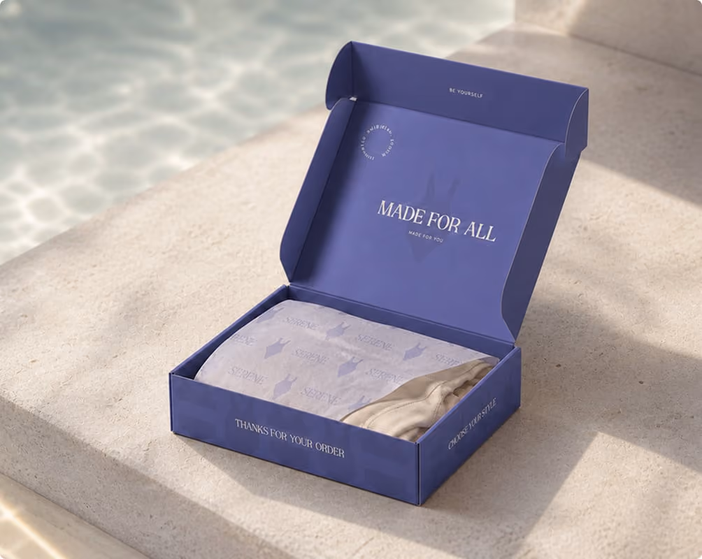 Boîtes de commande bleues Serene pour une marque de maillots de bain