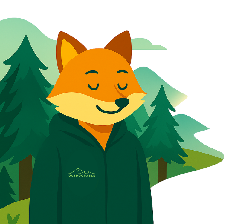Illustrated cartoon fox character with orange fur and closed eyes, smiling peacefully. The fox is wearing a dark green hoodie with a logo that says 'OUTDOORABLE' and features a minimalist mountain graphic. The background includes stylized pine trees and rolling green hills under a partly cloudy sky, evoking a calm, outdoor forest setting.