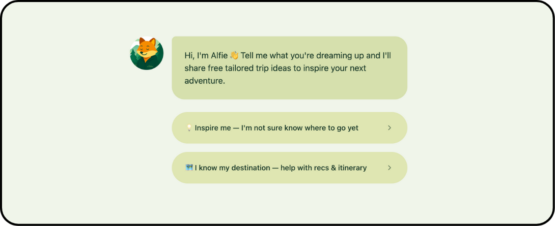 A chat-style interface featuring a cartoon fox avatar named Alfie. Alfie introduces himself with a friendly message offering free, tailored trip ideas to inspire travel adventures. Below the message are two button options: one labeled with a light bulb icon that says 'Inspire me — I’m not sure where to go yet', and another with a map icon that says 'I know my destination — help with recs & itinerary'. The design is clean, with soft green tones and rounded edges.