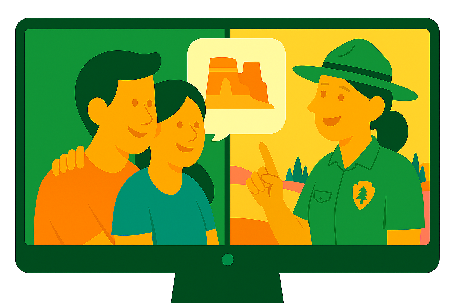 Illustration of a family video chatting with a park ranger. The ranger, wearing a green uniform and hat, is pointing while explaining about a rock formation shown in a speech bubble. The family smiles and listens on their side of the screen.
