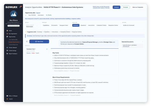 BidWERX Analyze Opportunities screen showing an AI-generated summary of a NASA STTR Phase II solicitation, including key facts, must-know requirements, and selected source documents.