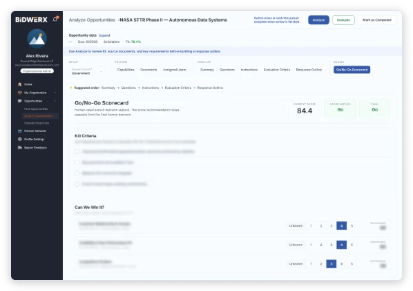 BidWERX Go/No-Go Scorecard showing an opportunity score of 84.4 with a recommended and final Go decision, along with kill criteria and weighted pursuit ratings.