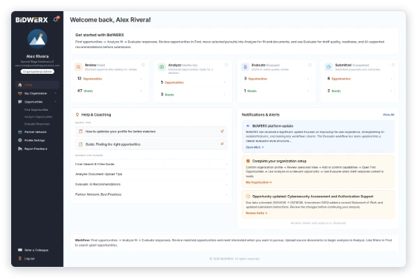 BidWERX home dashboard showing opportunity review, go/no-go analysis, response evaluation, submitted opportunities, coaching resources, notifications, and organization navigation.