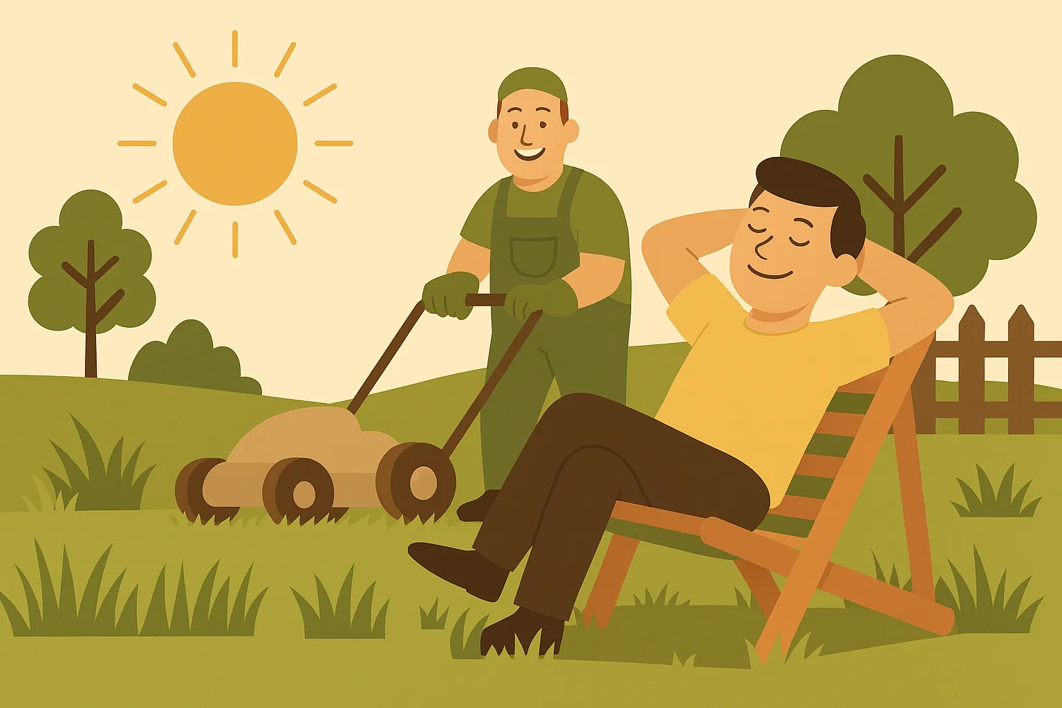 Illustration eines entspannten Mannes im Garten, während Daniel Lasser im Hintergrund den Rasen mäht – Symbol für professionelle Gartenpflege und mehr Freizeit.