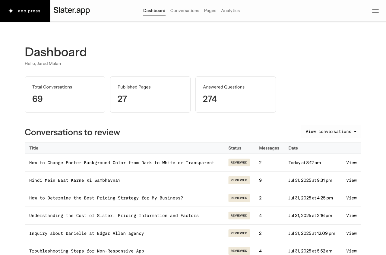 aeo.press dashboard
