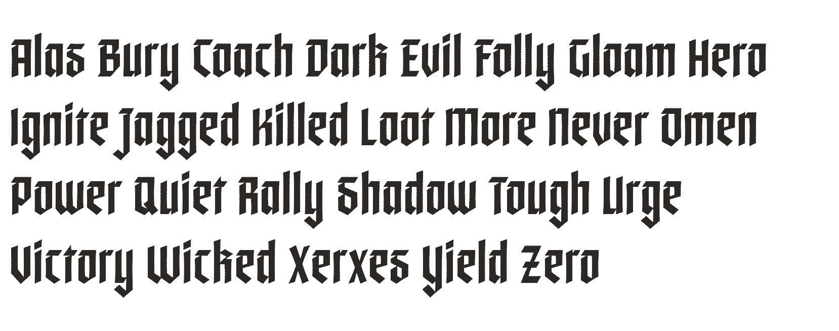A gif showing the same 26 words, one starting with each letter of the alphabet, as they cycle through stylistic sets of Rampart. The sets are: Standard, Thin Line, Angled Top, Double Line, and Drop Caps.