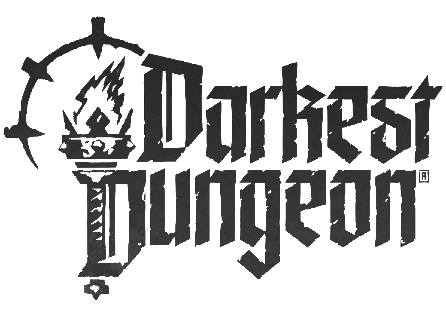 The Darkest Dungeon logo. It features a torch, whose handle becomes the left side of the D in Dungeon. The text is set in Rampart, and stylized to look worn and battered.